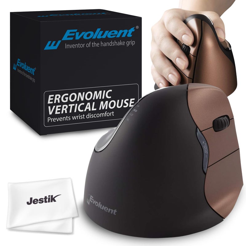 Evoluent - Ergonomical Wireless VerticalMouse & Jestik Microfiber Cloth - Right Handed - Small Size - Brown & Black - Image 1